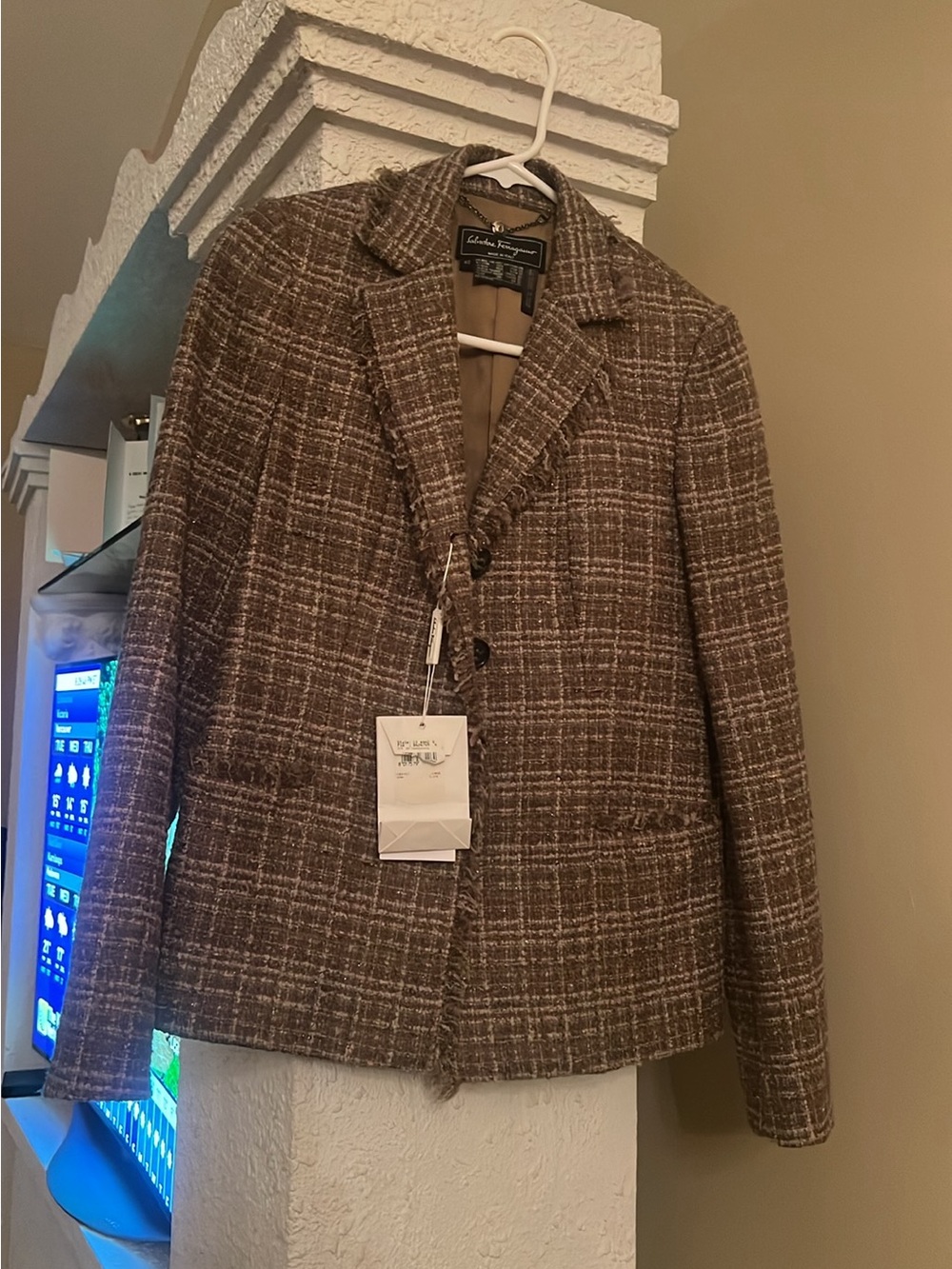Salvatore Ferragamo Brown Tweed Plaid Jacket with Metallic Thread